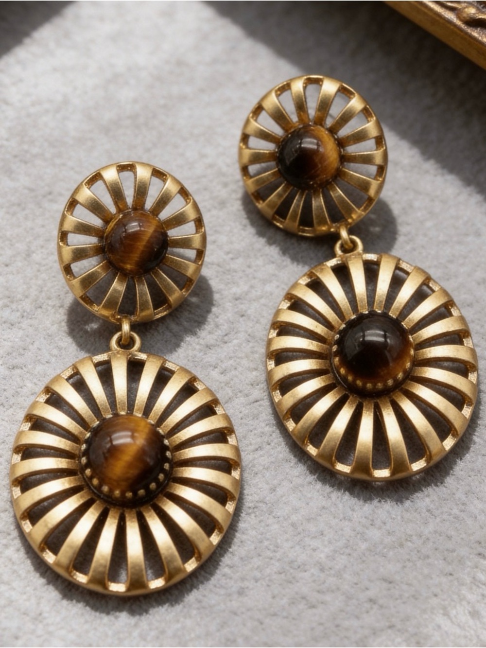 Tiger Eye Drop Earrings, Antique Gold Sunburst Dangle Earrings